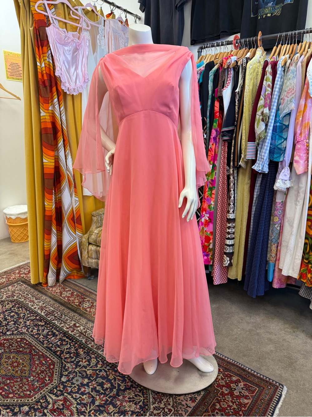Vintage Pink Chiffon Maxi Dress with Sheer Cape Sleeves